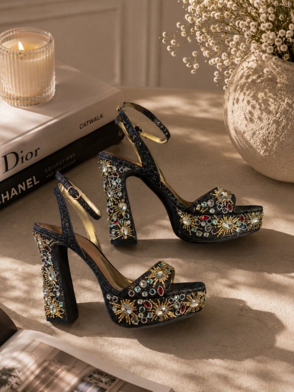 Gianni Bini Enchant-Ment Beaded Jewel Ornamented Platform Dress Sandals 8.5 NWOB